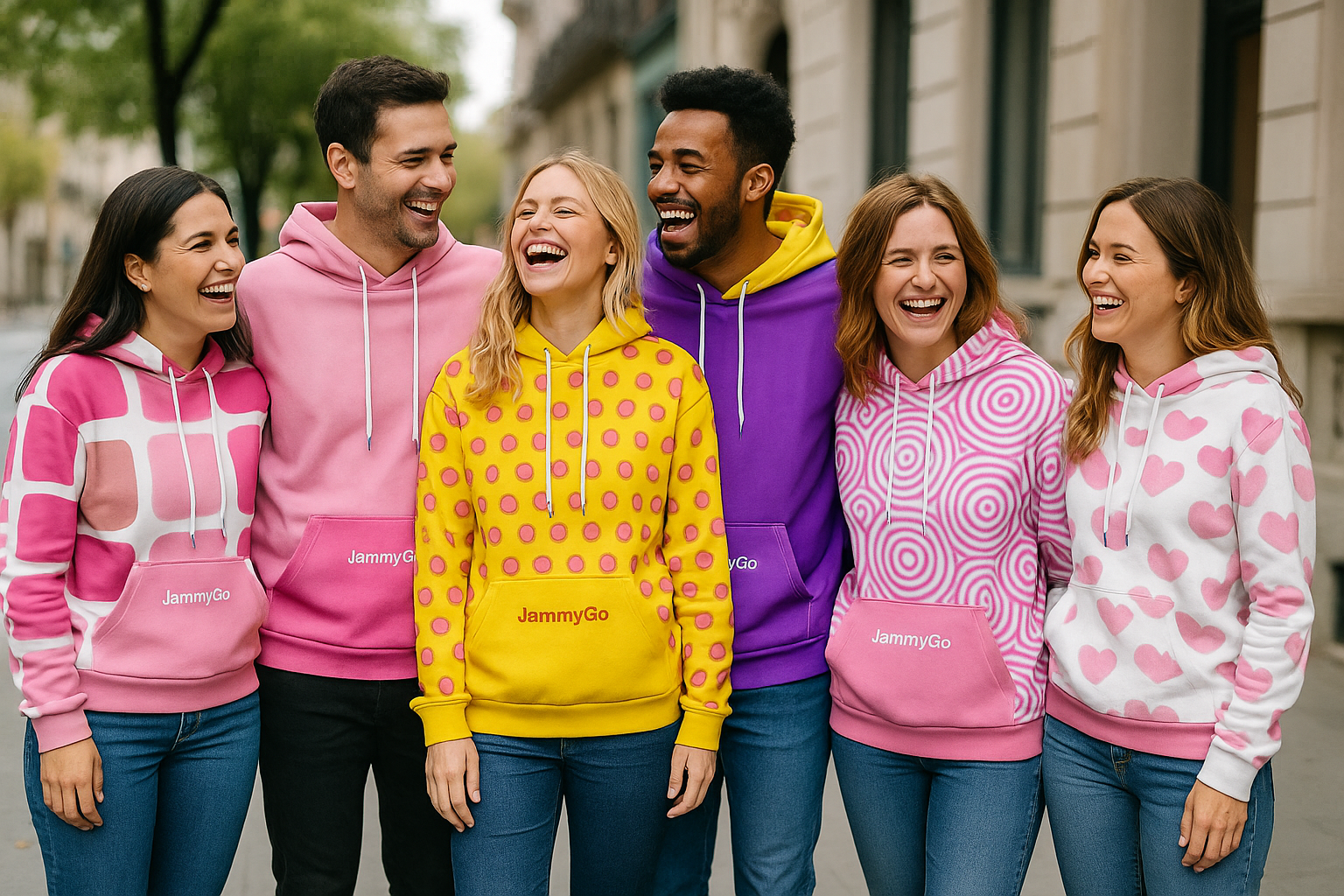 Six friends wearing different jammygo unisex hoodies
